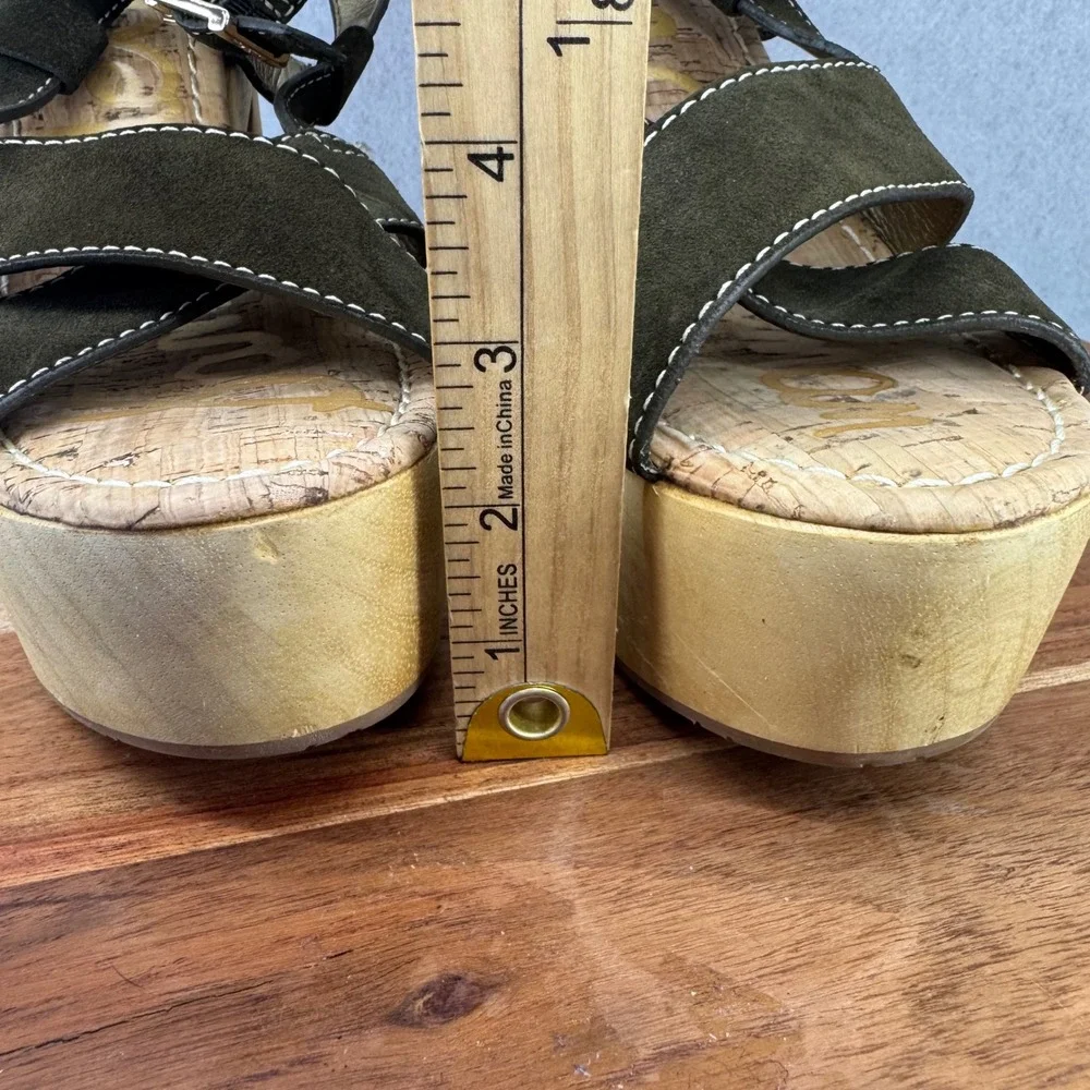 Sam Edelman Mae Olive Green Suede Cork Platform Heel Ankle Strap Block Heel 8.5M